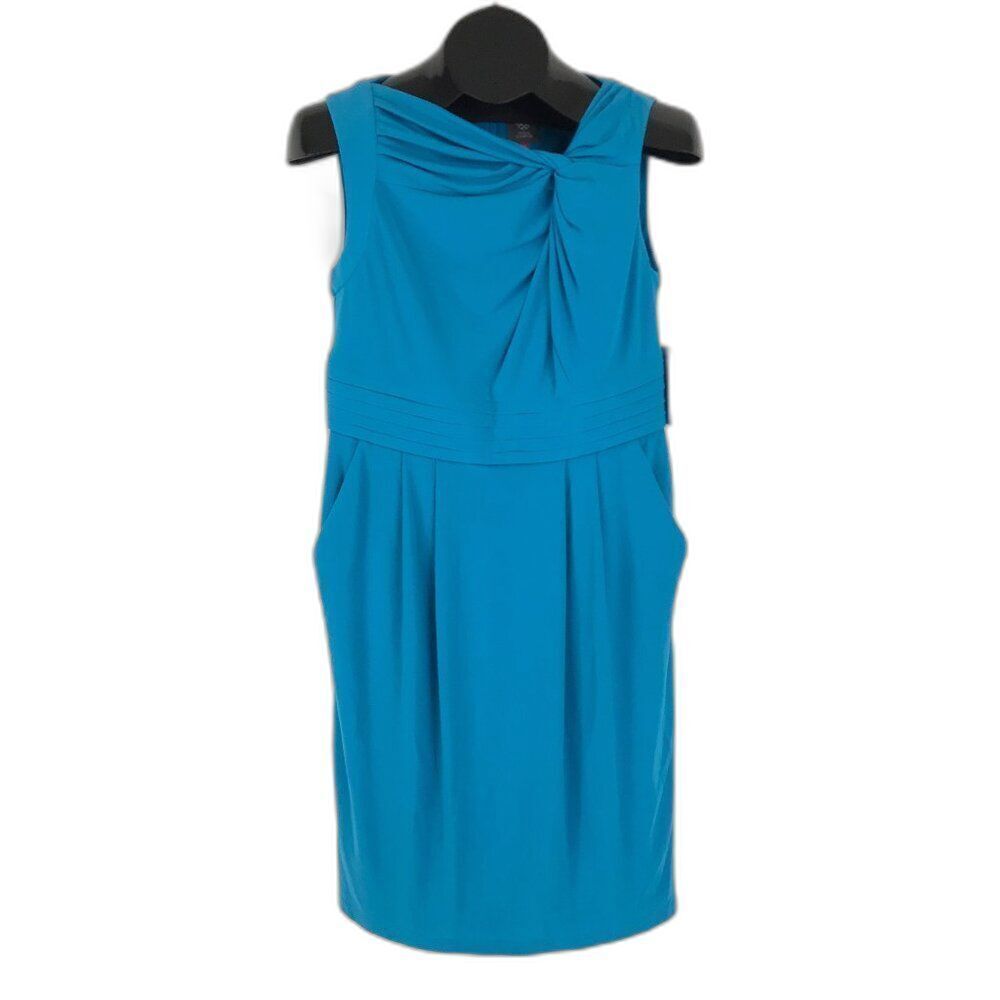 Vince Camuto Twist Front Sheath Dress Womens Size 10 Blue Sleeveless Pockets NWT